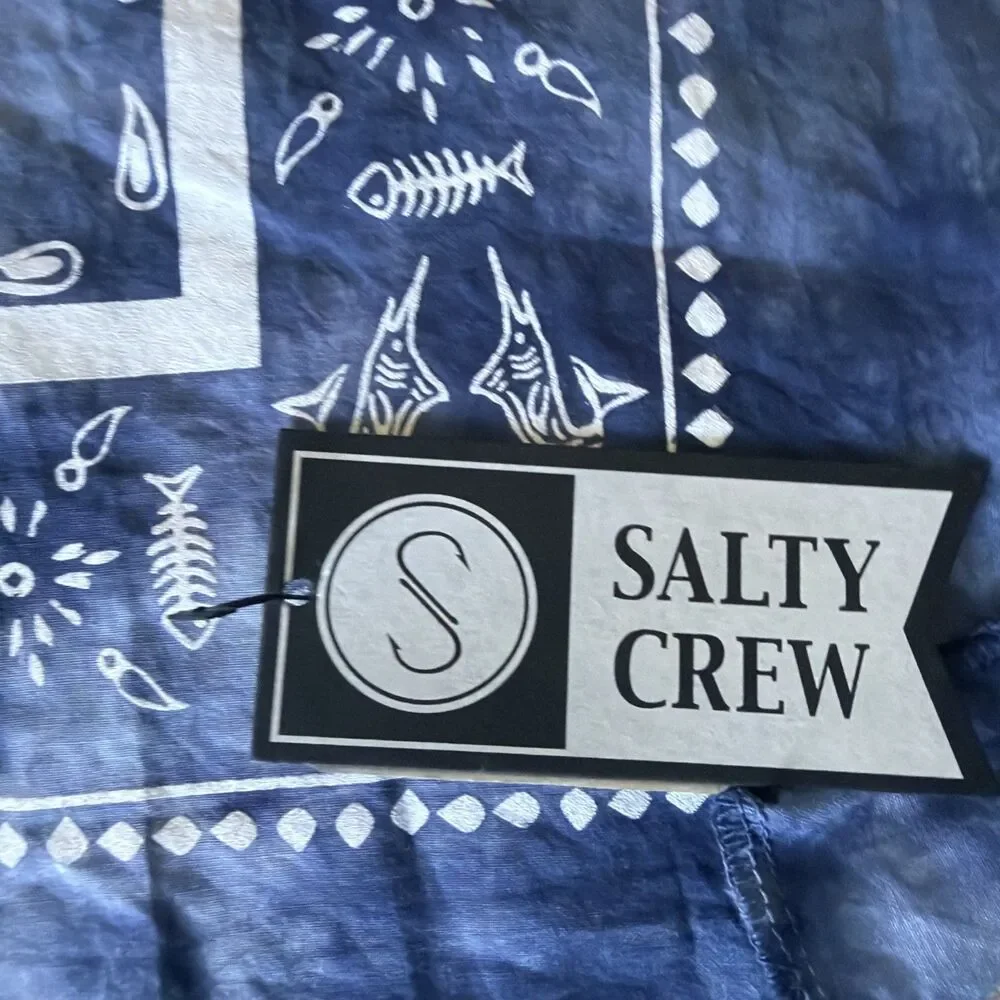 Salty Crew Fish Print Tippet Men’s Bandana Scarf Navy White Tie Die 22”x22” NWT